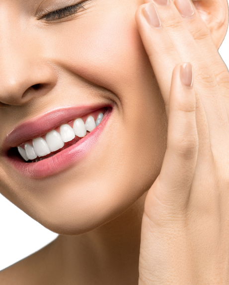 Close up of woman's face with her hand on her face